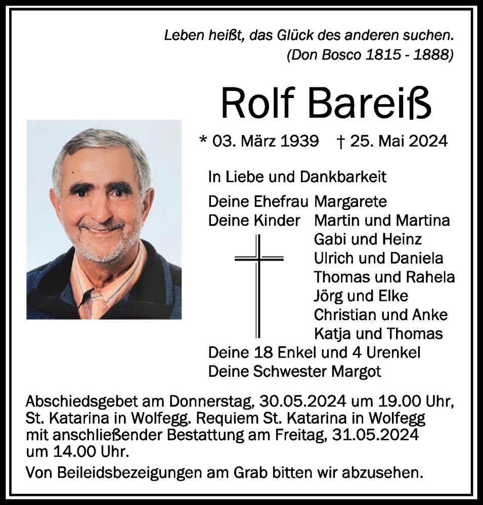  Traueranzeige für Rolf Bareiß vom 29.05.2024 aus Schwäbische Zeitung