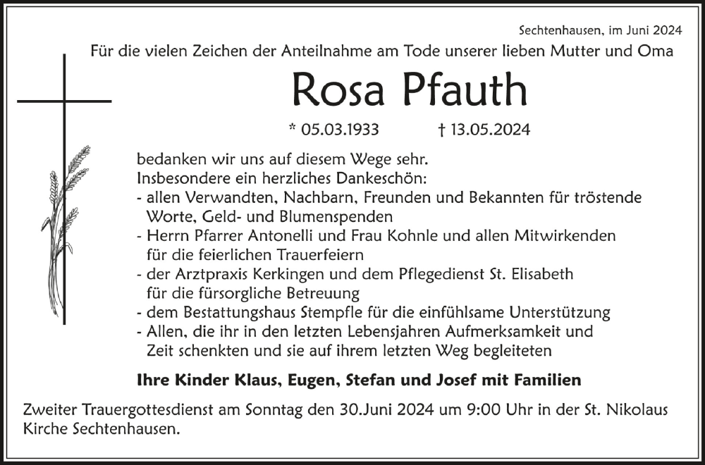  Traueranzeige für Rosa Pfauth vom 15.06.2024 aus Schwäbische Zeitung