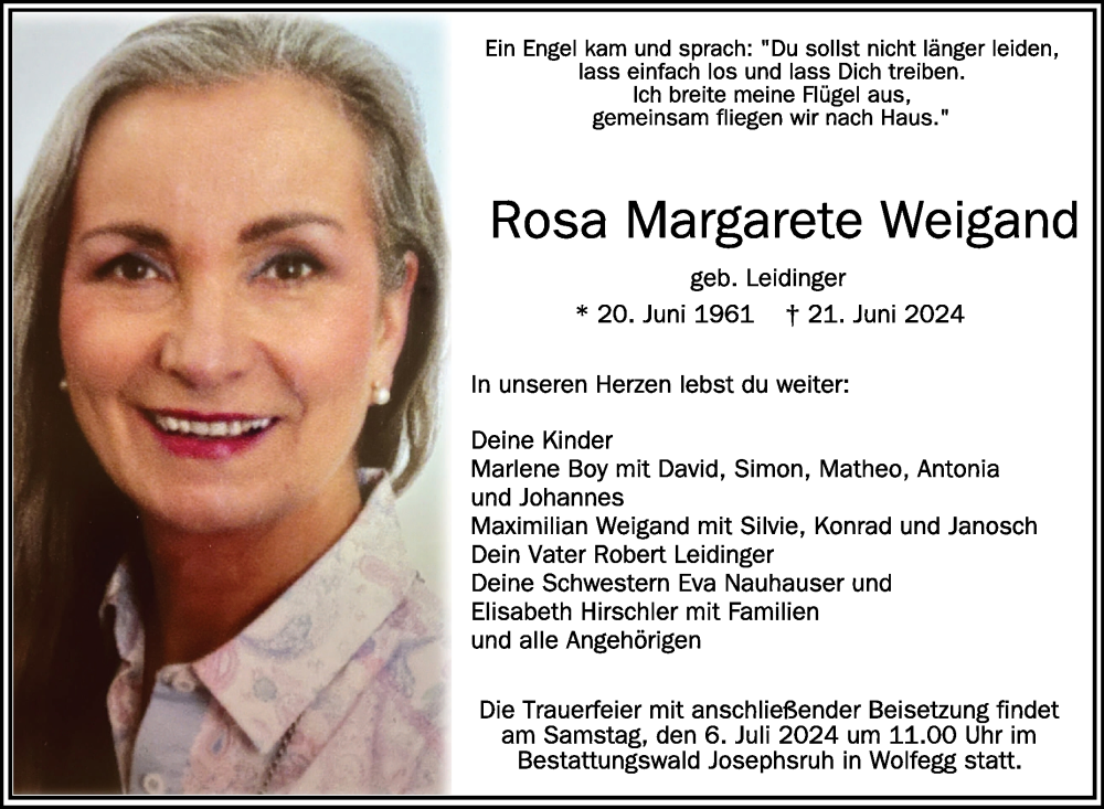  Traueranzeige für Rosa Margarete Weigand vom 29.06.2024 aus Schwäbische Zeitung