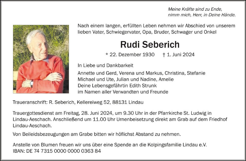  Traueranzeige für Rudi Seberich vom 11.06.2024 aus Schwäbische Zeitung