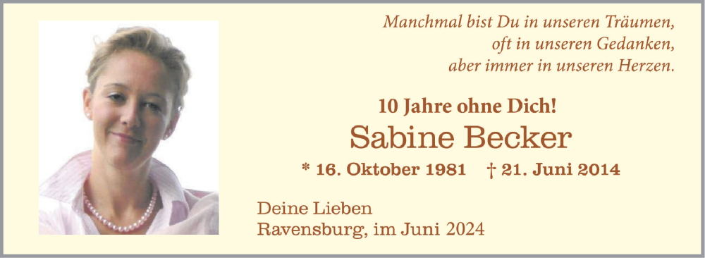  Traueranzeige für Sabine Becker vom 22.06.2024 aus Schwäbische Zeitung