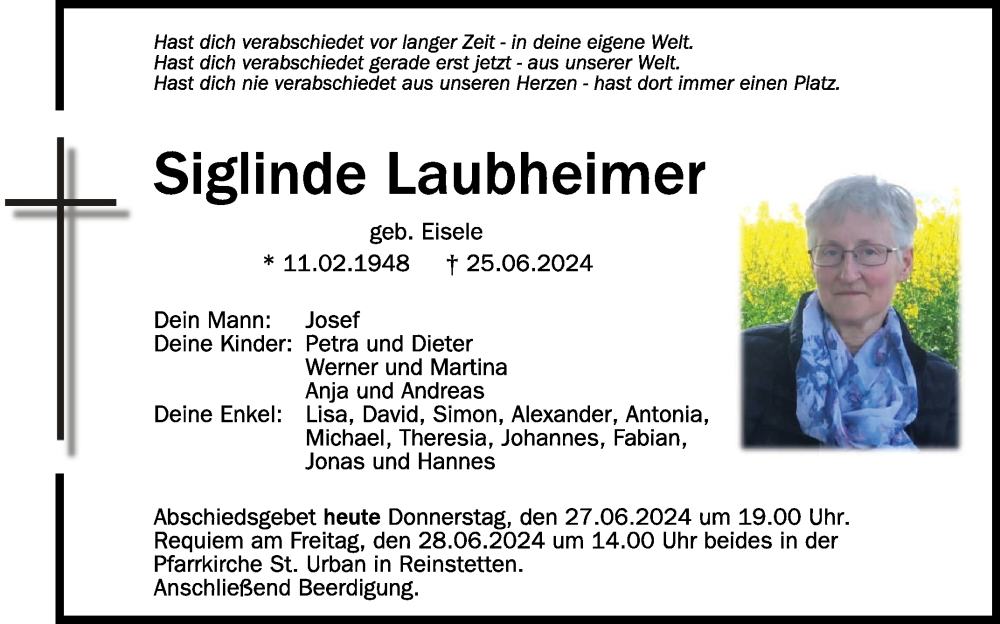  Traueranzeige für Siglinde Laubheimer vom 27.06.2024 aus Schwäbische Zeitung