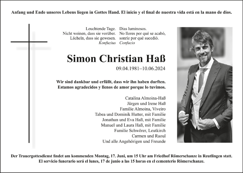  Traueranzeige für Simon Christian Haß vom 15.06.2024 aus Schwäbische Zeitung