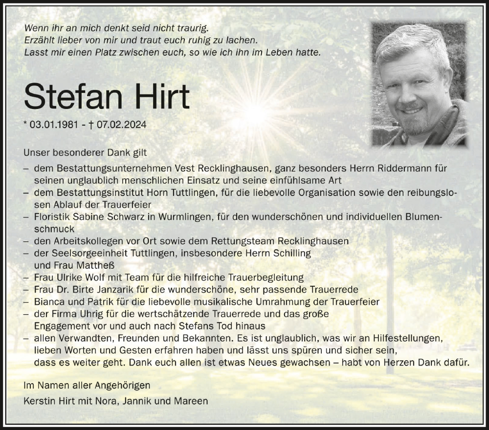  Traueranzeige für Stefan Hirt vom 29.06.2024 aus Schwäbische Zeitung