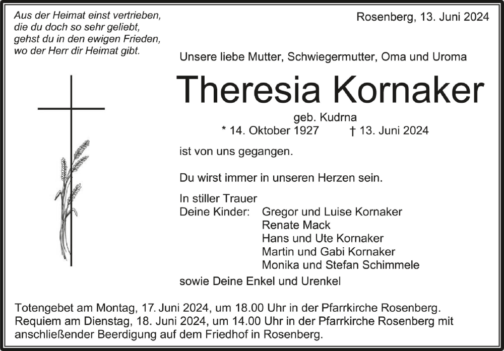  Traueranzeige für Theresia Kornaker vom 15.06.2024 aus Schwäbische Zeitung