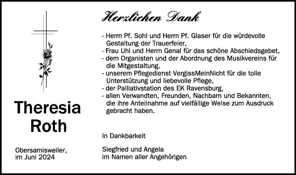  Traueranzeige für Theresia Roth vom 01.06.2024 aus Schwäbische Zeitung