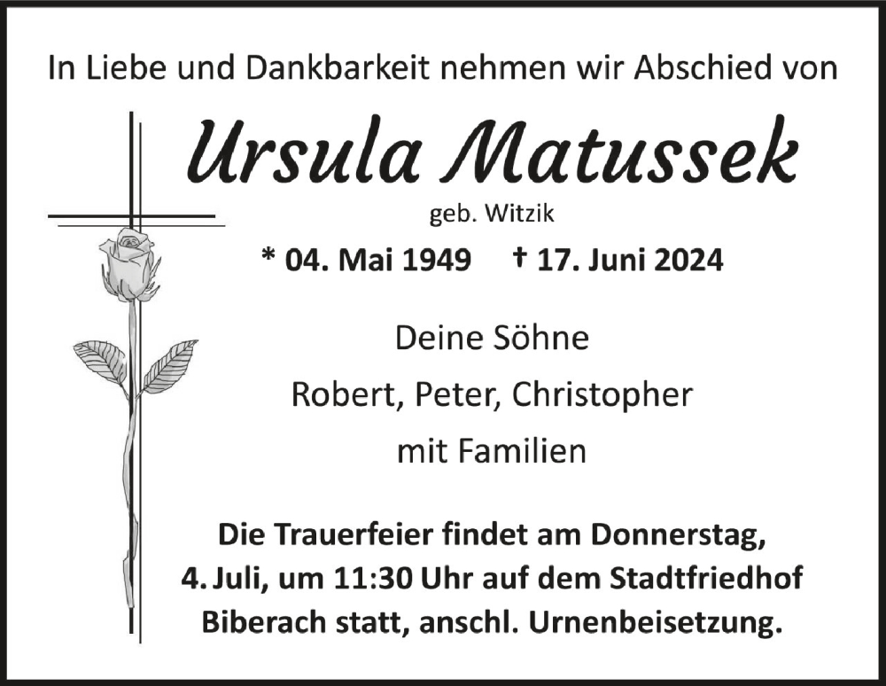  Traueranzeige für Ursula Matussek vom 29.06.2024 aus Schwäbische Zeitung