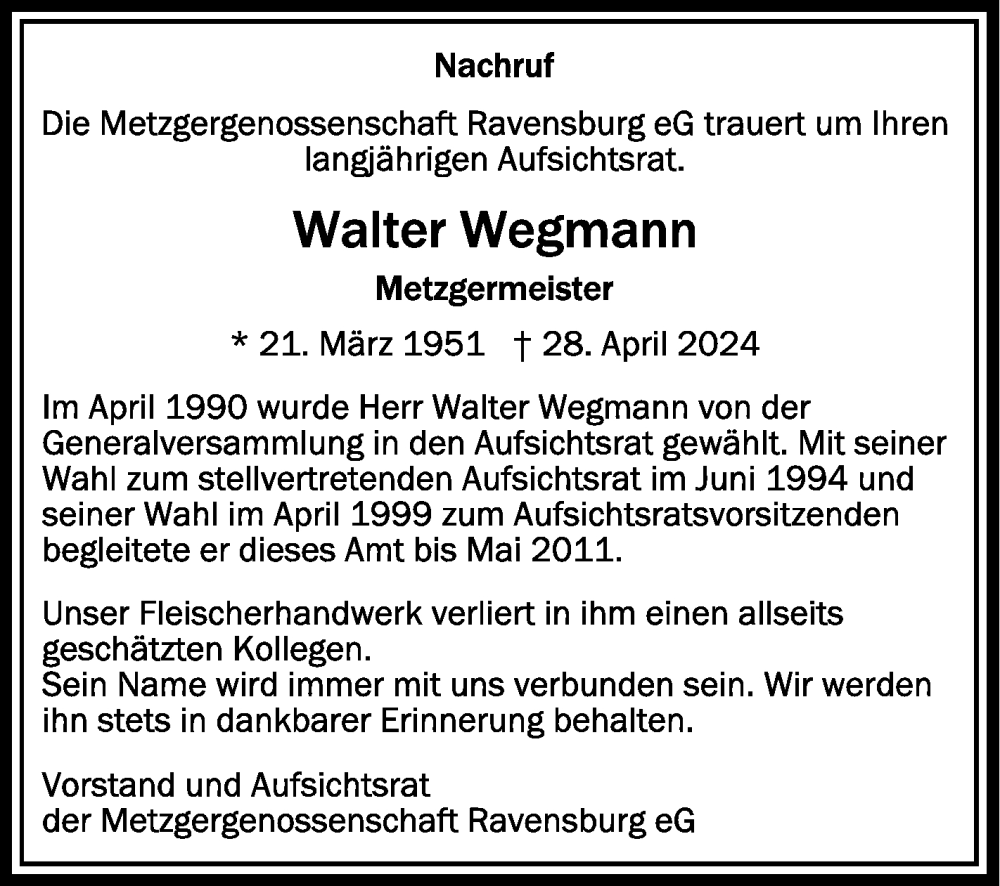  Traueranzeige für Walter Wegmann vom 14.06.2024 aus Schwäbische Zeitung