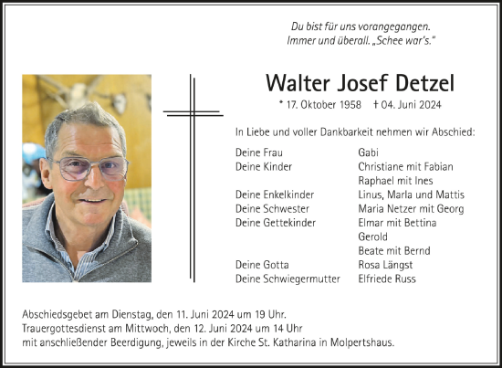 Anzeige von Walter Josef Detzel von Schwäbische Zeitung