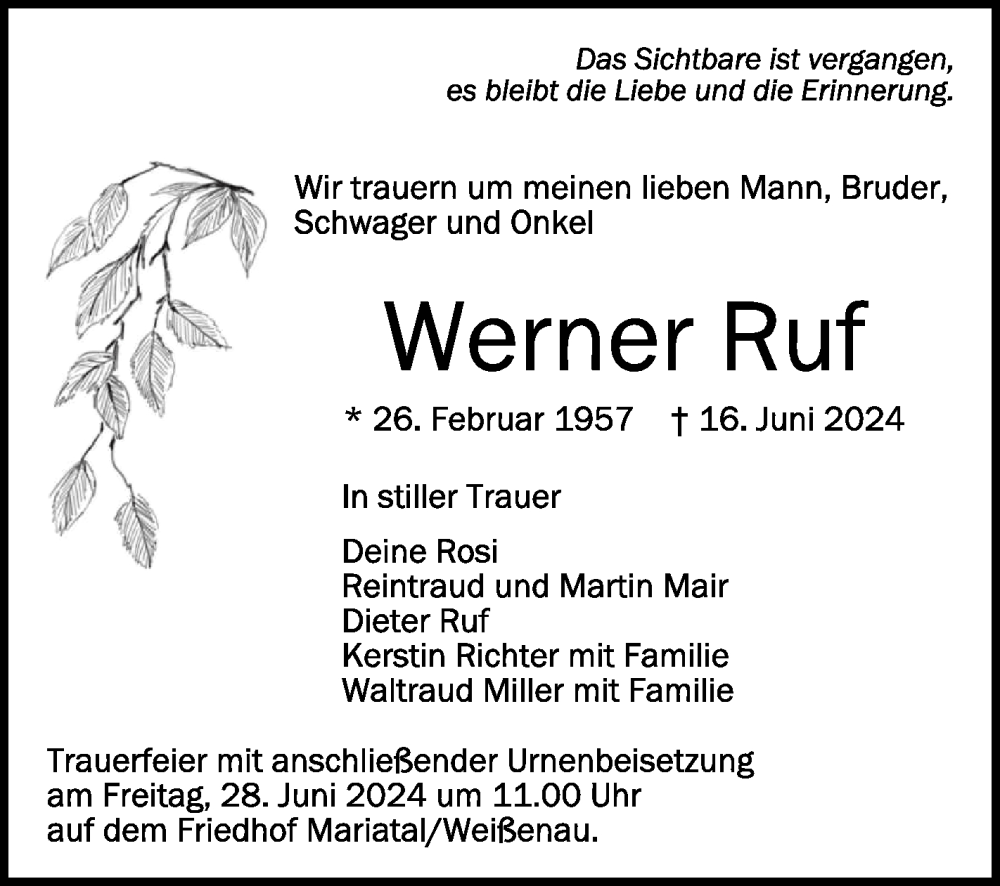  Traueranzeige für Werner Ruf vom 24.06.2024 aus Schwäbische Zeitung