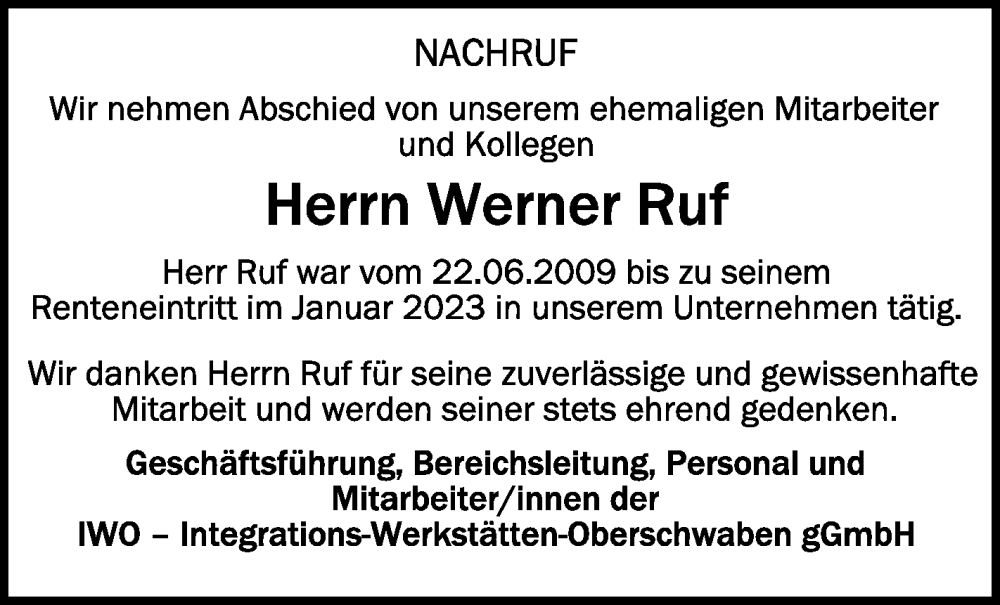  Traueranzeige für Werner Ruf vom 25.06.2024 aus Schwäbische Zeitung