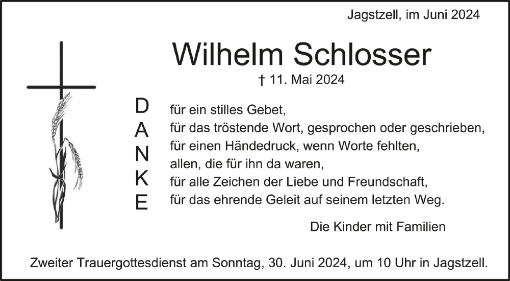  Traueranzeige für Wilhelm Schlosser vom 25.06.2024 aus Schwäbische Zeitung