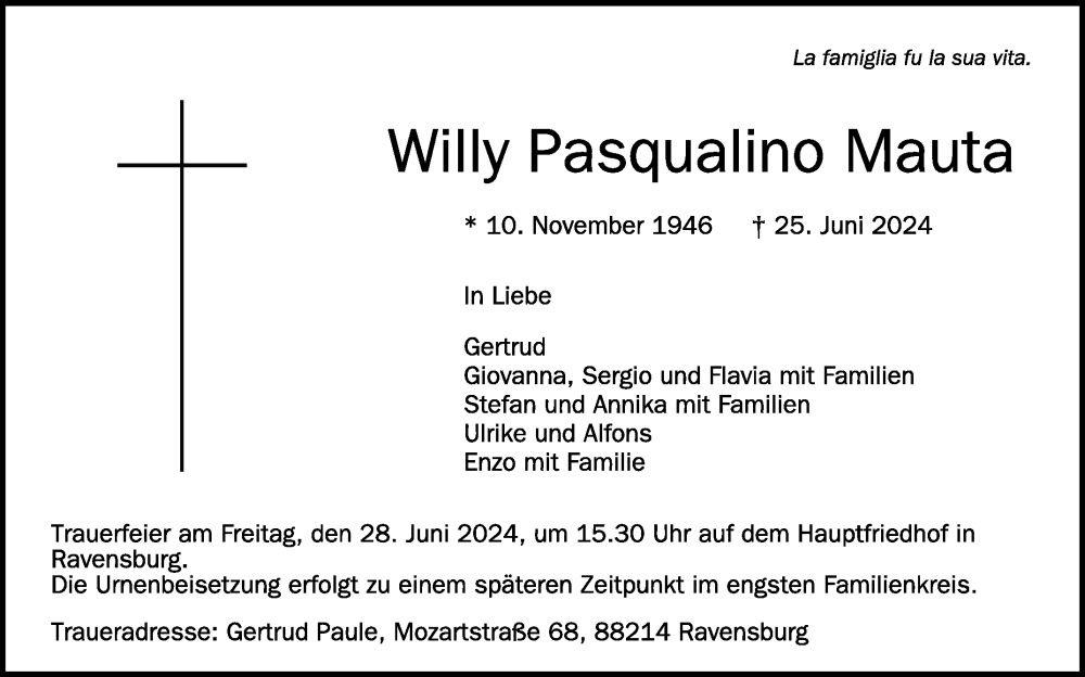  Traueranzeige für Willy Pasqualino Mauta vom 27.06.2024 aus Schwäbische Zeitung