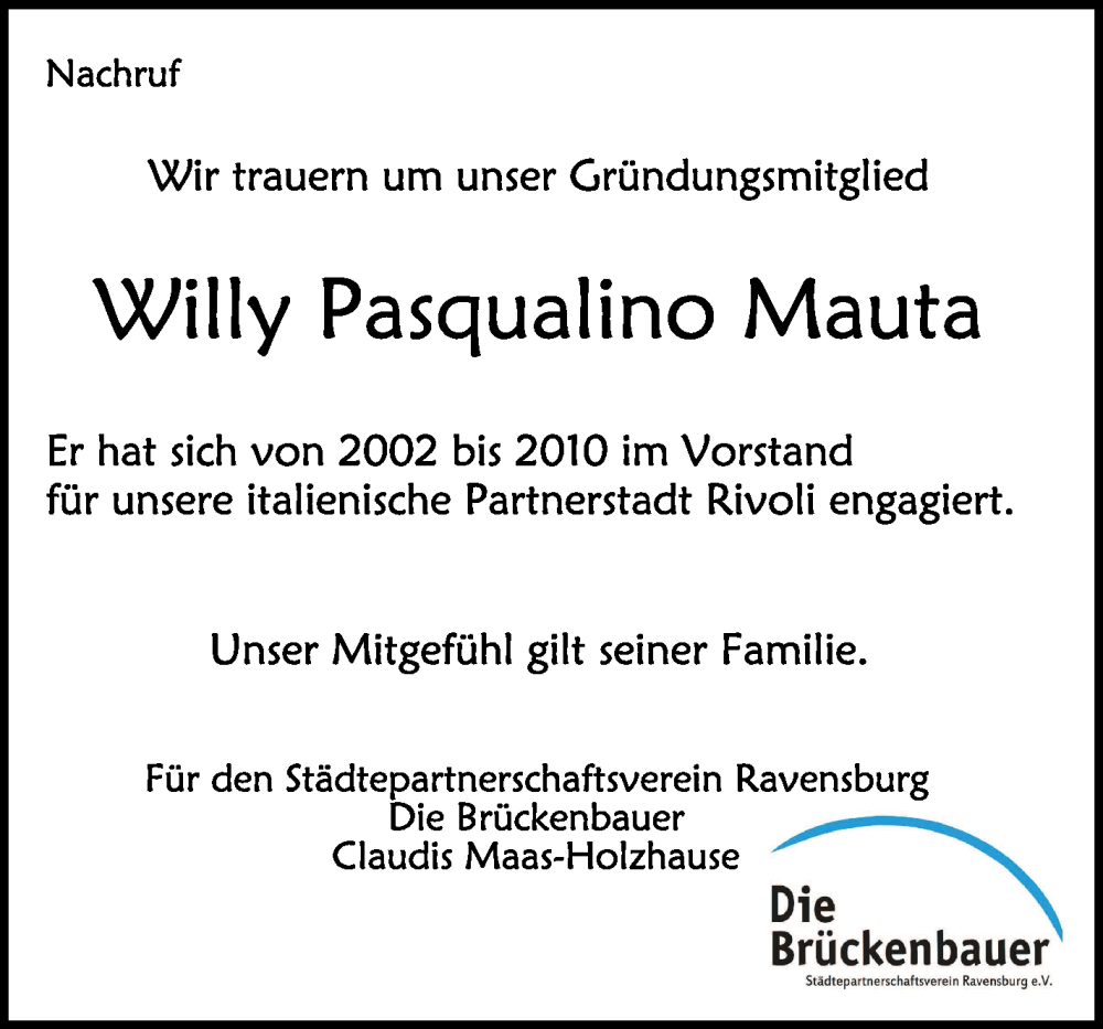  Traueranzeige für Willy Pasqualino Mauta vom 29.06.2024 aus Schwäbische Zeitung