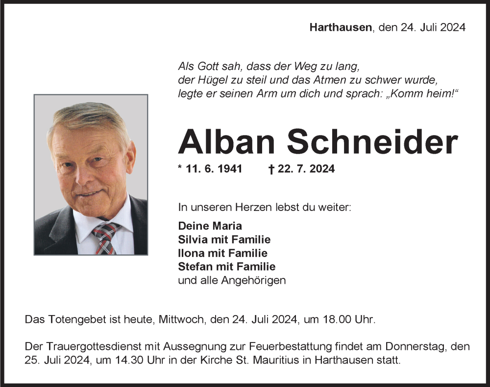  Traueranzeige für Alban Schneider vom 24.07.2024 aus Balingen