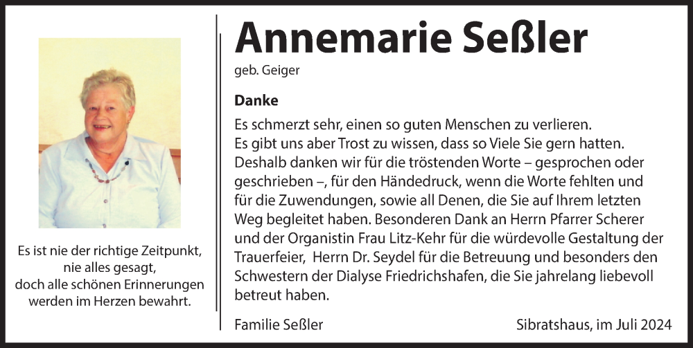  Traueranzeige für Annemarie Seßler vom 13.07.2024 aus Friedrichshafen