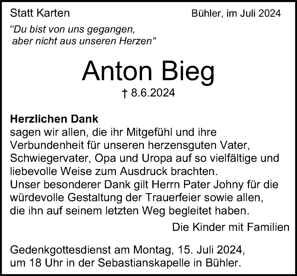  Traueranzeige für Anton Bieg vom 11.07.2024 aus Aalen /Ellwangen
