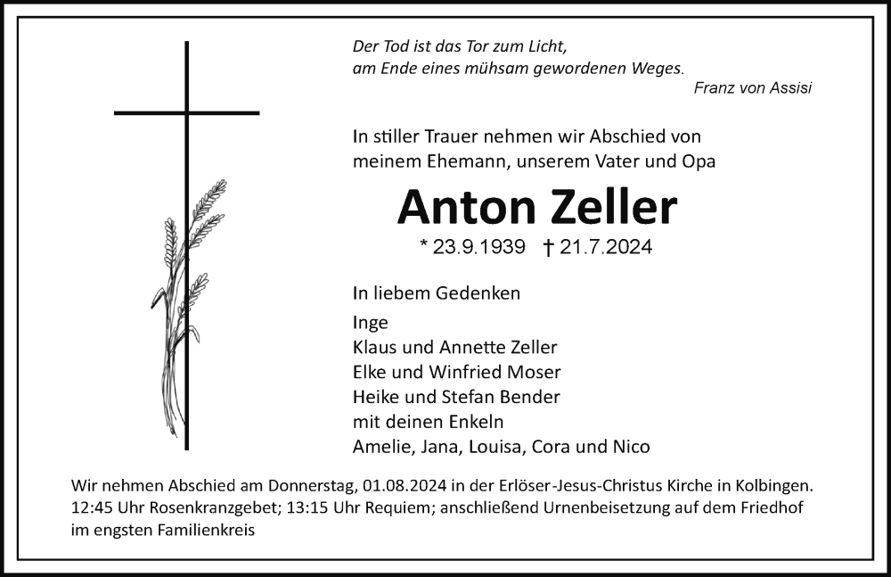  Traueranzeige für Anton Zeller vom 26.07.2024 aus Tuttlingen, Spaichingen, Trossingen