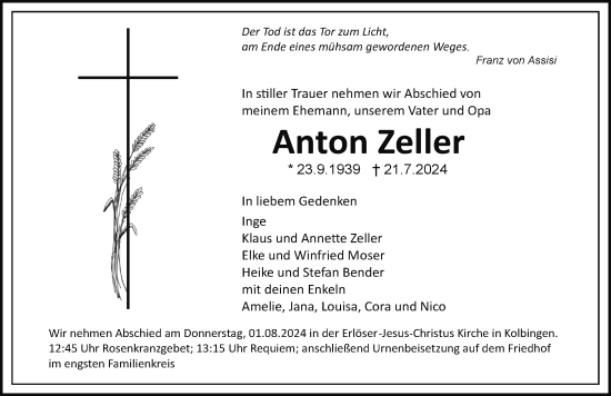 Anzeige von Anton Zeller von Tuttlingen, Spaichingen, Trossingen