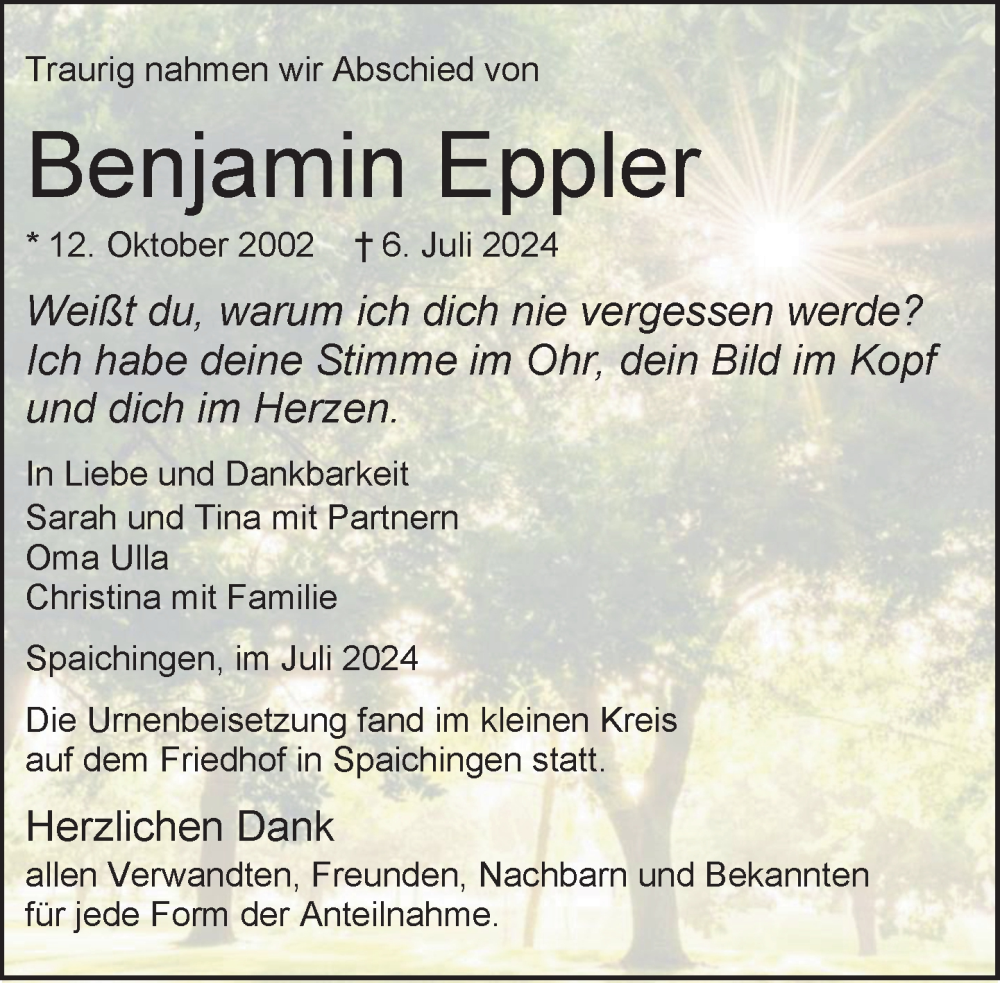  Traueranzeige für Benjamin Eppler vom 25.07.2024 aus Tuttlingen, Spaichingen, Trossingen