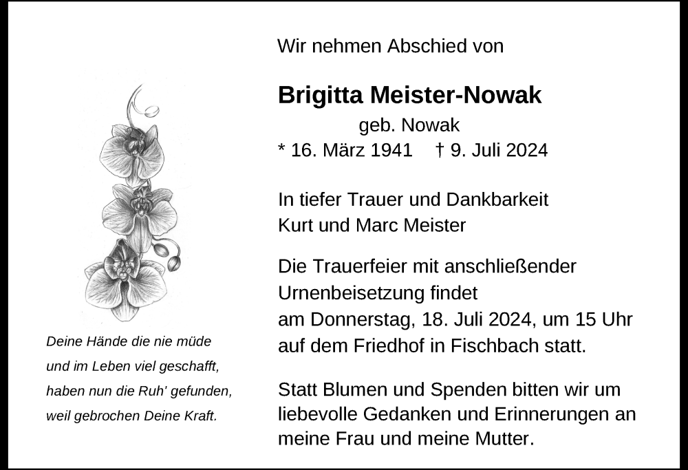  Traueranzeige für Brigitta Meister-Nowak vom 13.07.2024 aus Friedrichshafen