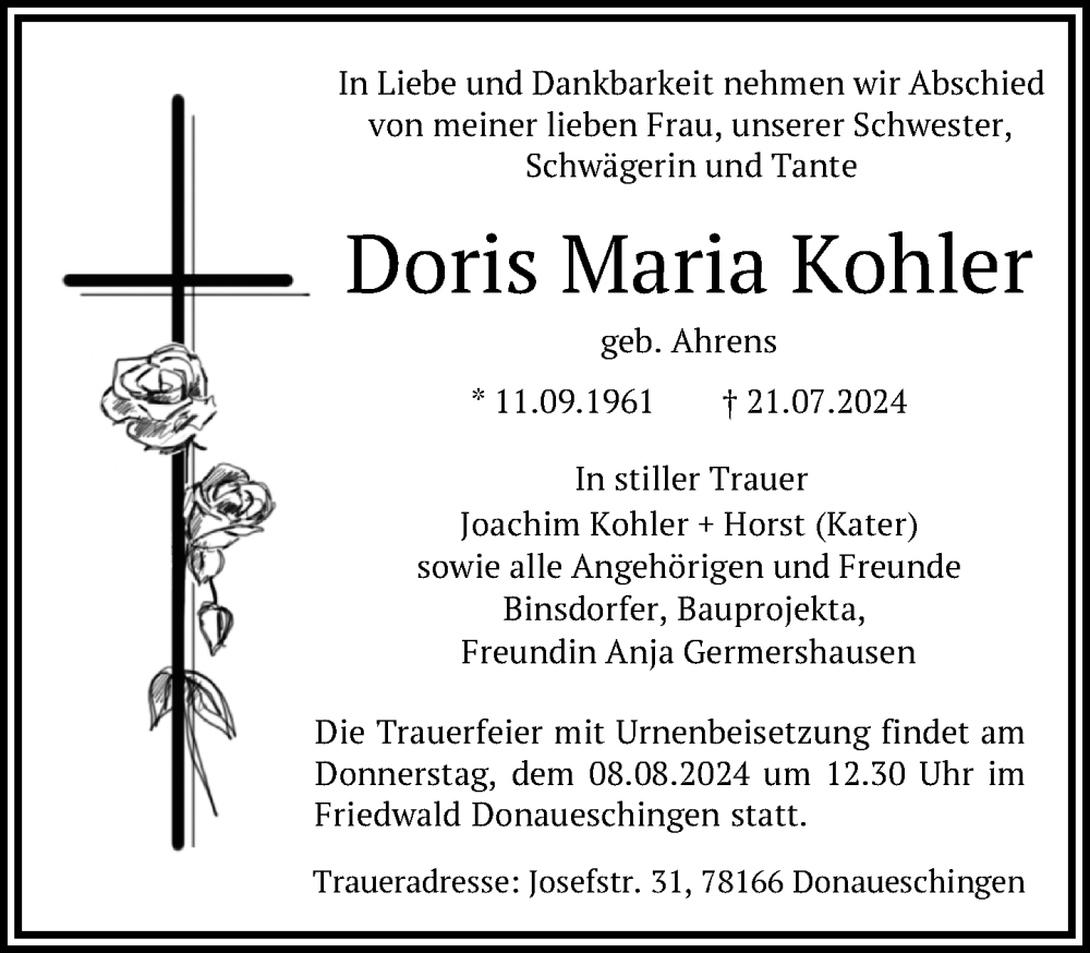  Traueranzeige für Doris Maria Kohler vom 25.07.2024 aus Balingen