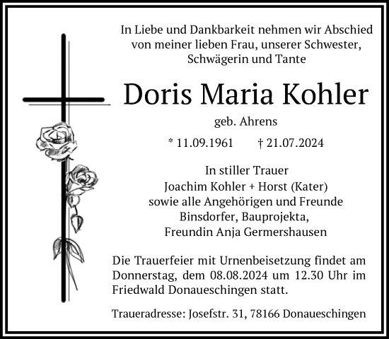 Anzeige von Doris Maria Kohler von Balingen