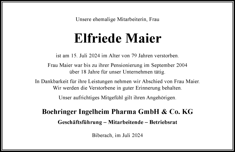  Traueranzeige für Elfriede Maier vom 26.07.2024 aus Biberach