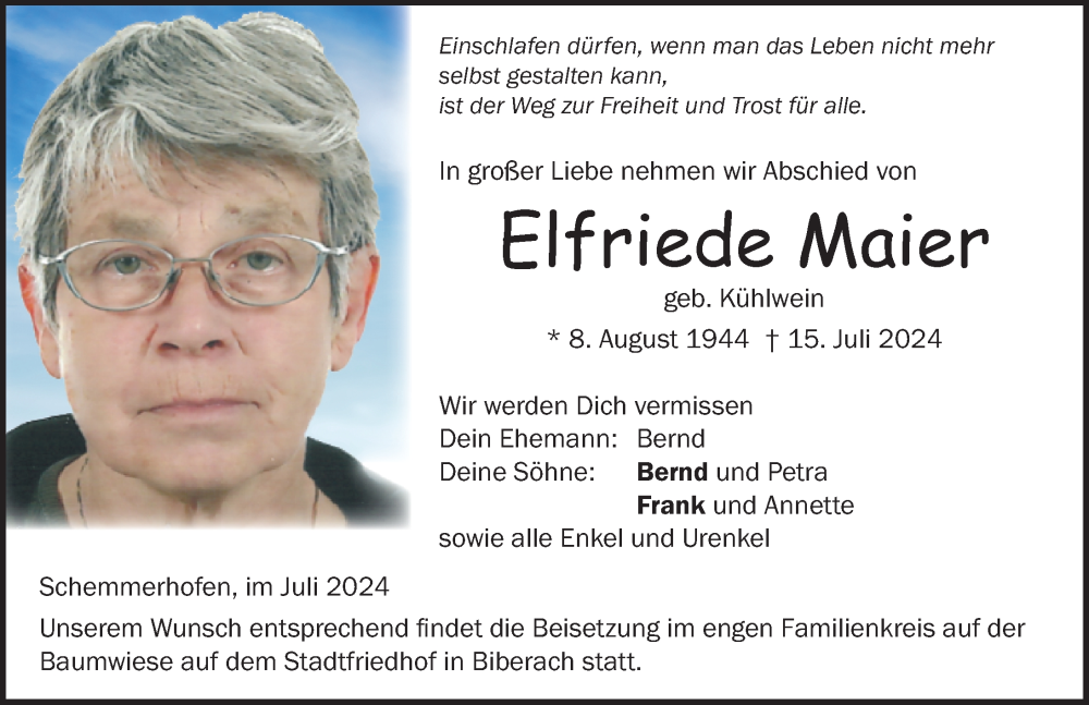  Traueranzeige für Elfriede Maier vom 20.07.2024 aus Biberach