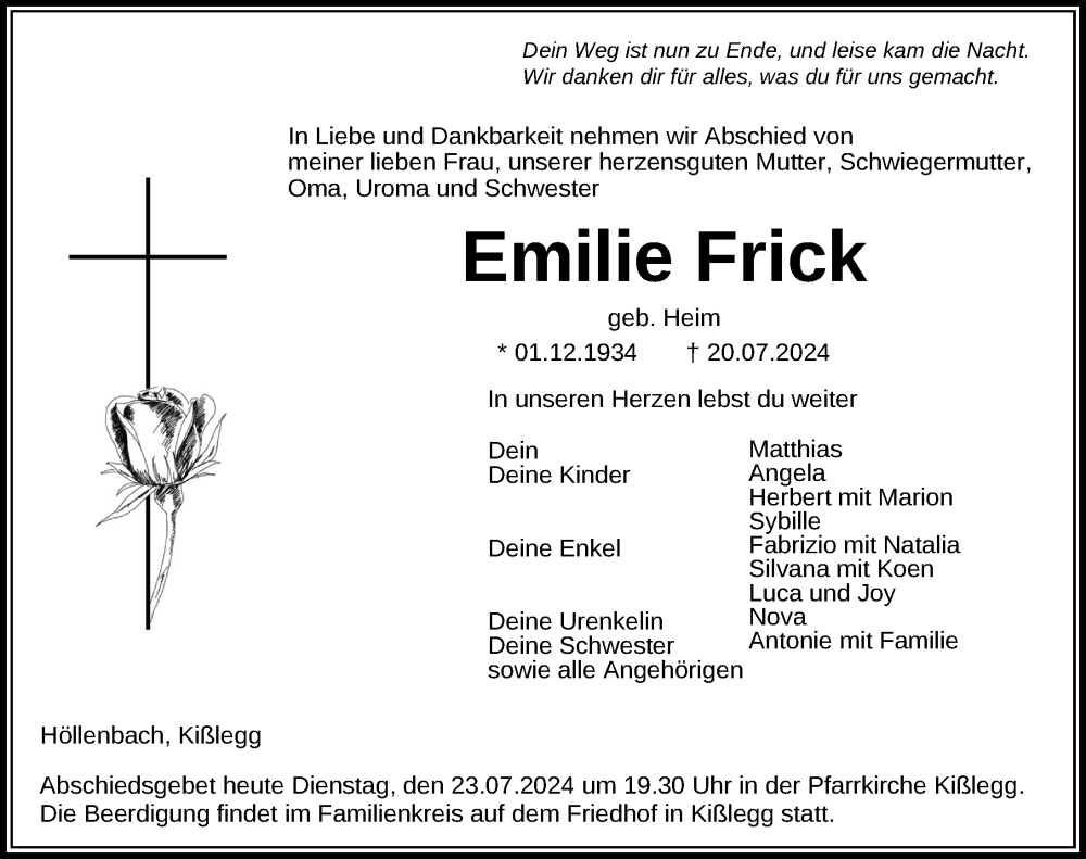  Traueranzeige für Emilie Frick vom 23.07.2024 aus Wangen