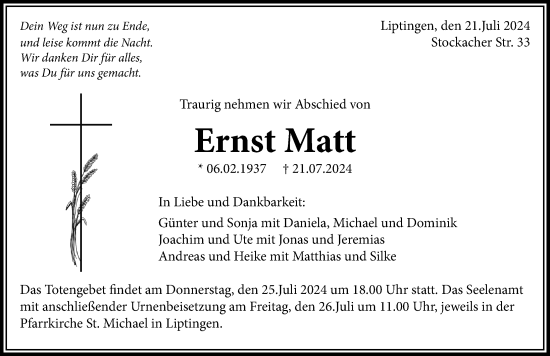 Anzeige von Ernst Matt von Tuttlingen, Spaichingen, Trossingen