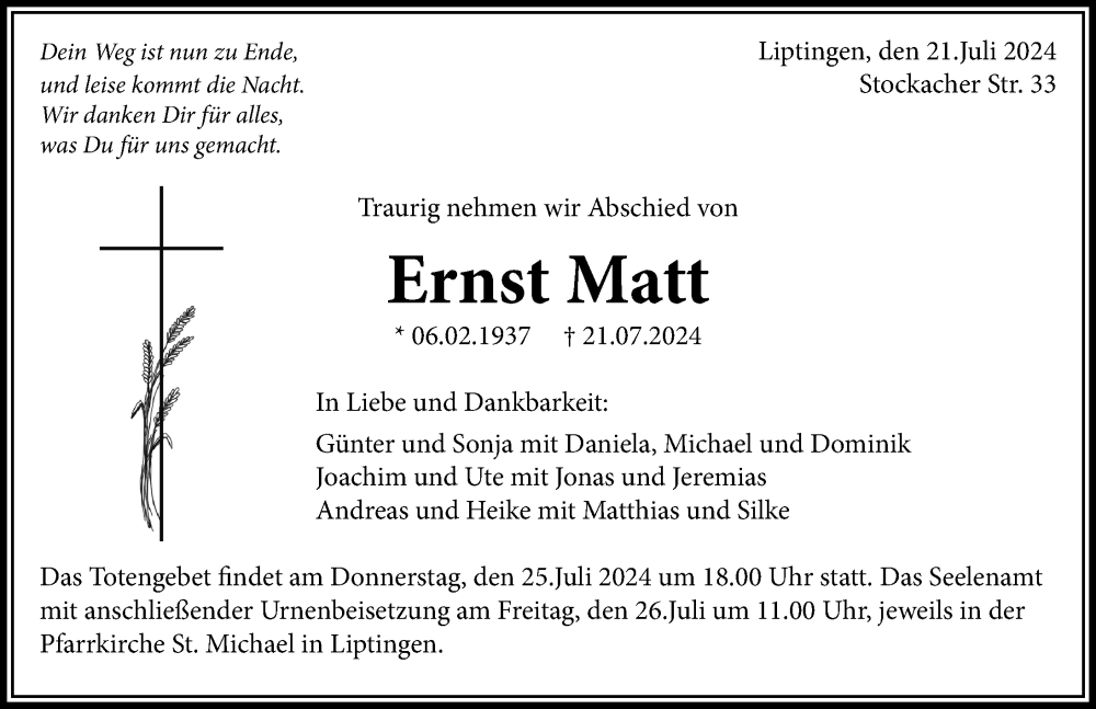  Traueranzeige für Ernst Matt vom 24.07.2024 aus Tuttlingen, Spaichingen, Trossingen