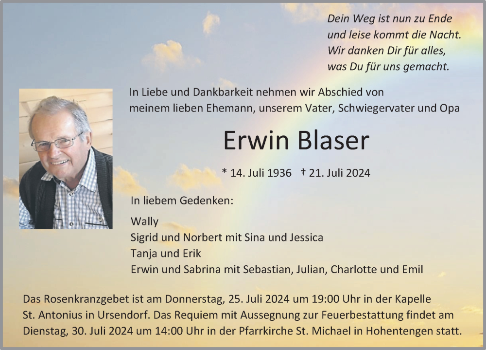  Traueranzeige für Erwin Blaser vom 24.07.2024 aus Bad Saulgau