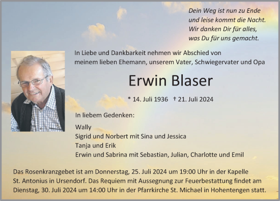 Anzeige von Erwin Blaser von Bad Saulgau