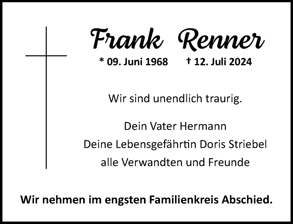  Traueranzeige für Frank Renner vom 26.07.2024 aus Biberach