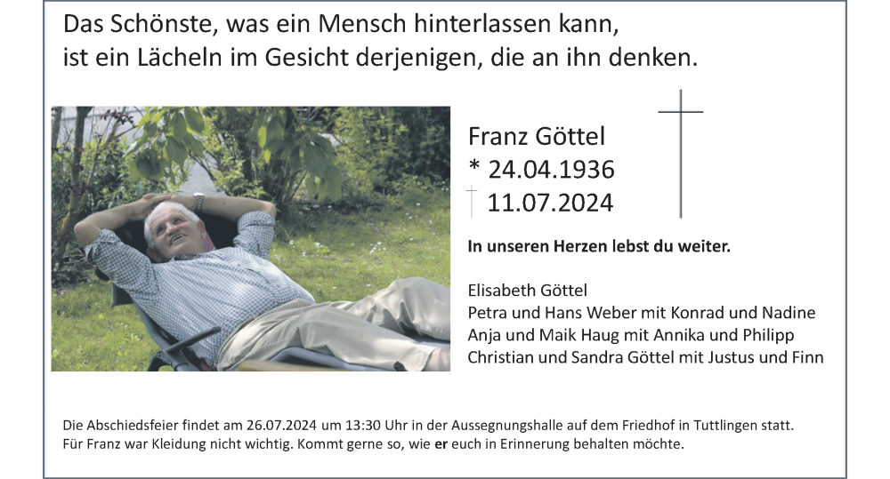  Traueranzeige für Franz Göttel vom 20.07.2024 aus Tuttlingen, Spaichingen, Trossingen