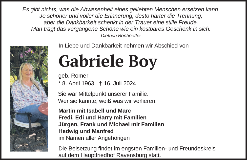  Traueranzeige für Gabriele Boy vom 20.07.2024 aus Ravensburg