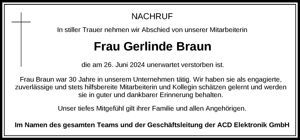  Traueranzeige für Gerlinde Braun vom 24.07.2024 aus Laupheim