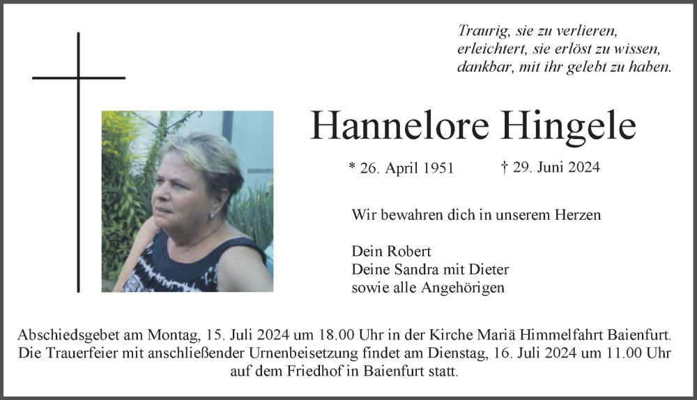  Traueranzeige für Hannelore Hingele vom 13.07.2024 aus Ravensburg