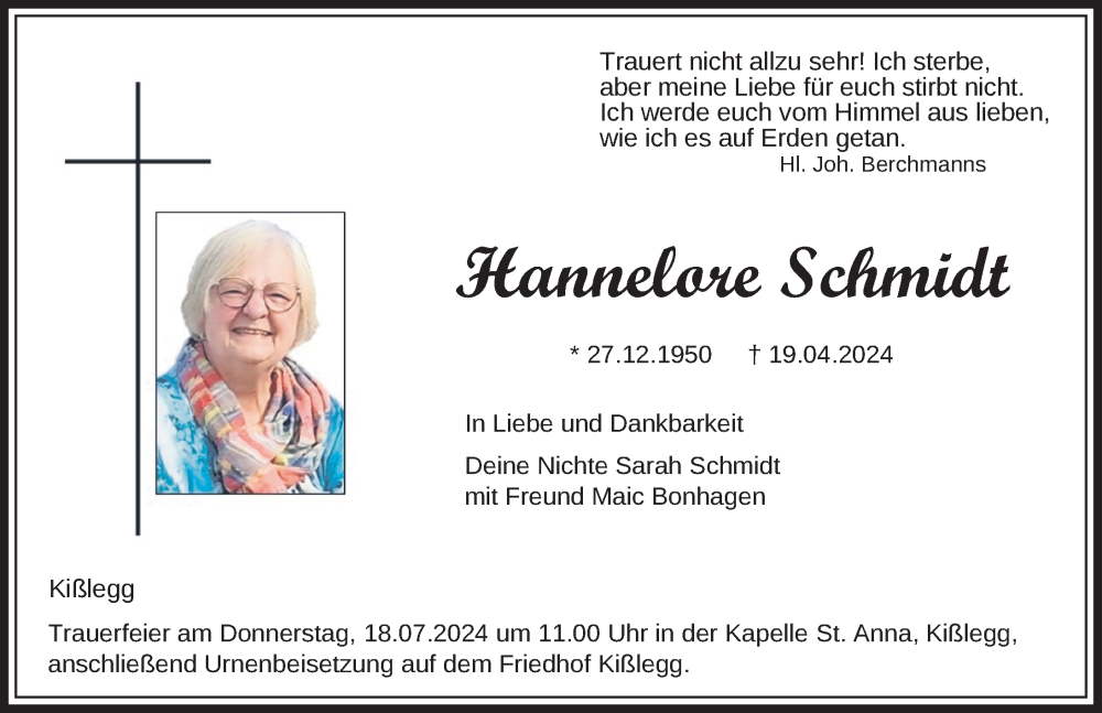  Traueranzeige für Hannelore Schmidt vom 16.07.2024 aus Wangen