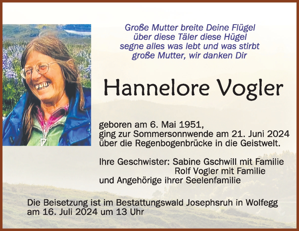  Traueranzeige für Hannelore Vogler vom 06.07.2024 aus Leutkirch