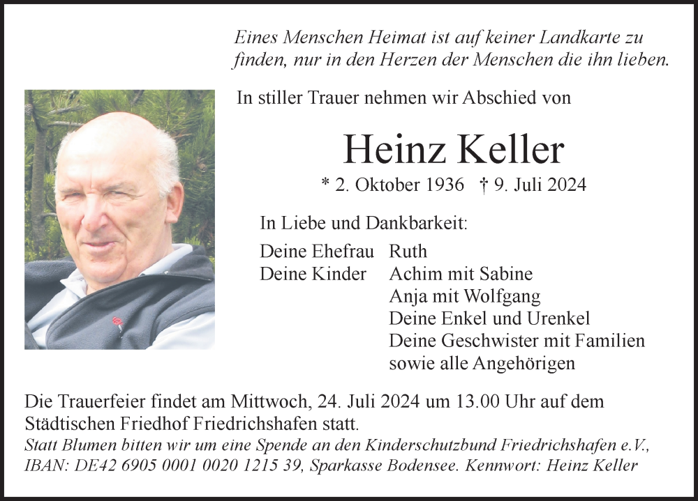  Traueranzeige für Heinz Keller vom 20.07.2024 aus Friedrichshafen