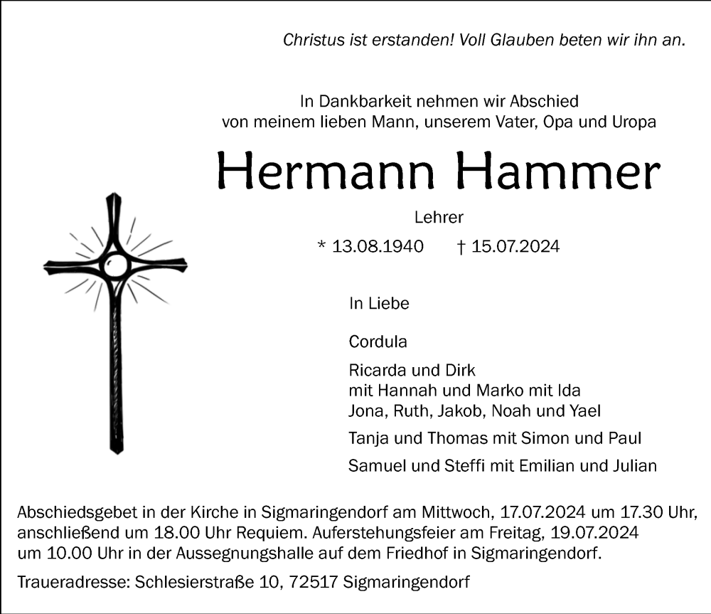  Traueranzeige für Hermann Hammer vom 17.07.2024 aus Bad Saulgau