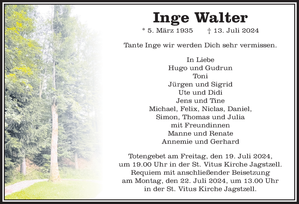  Traueranzeige für Inge Walter vom 19.07.2024 aus Aalen /Ellwangen