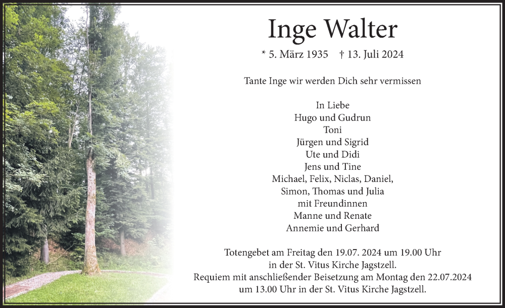  Traueranzeige für Inge Walter vom 19.07.2024 aus Aalen /Ellwangen