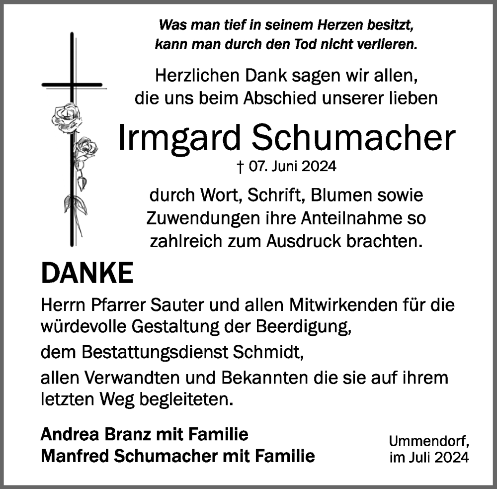  Traueranzeige für Irmgard Schumacher vom 03.07.2024 aus Biberach