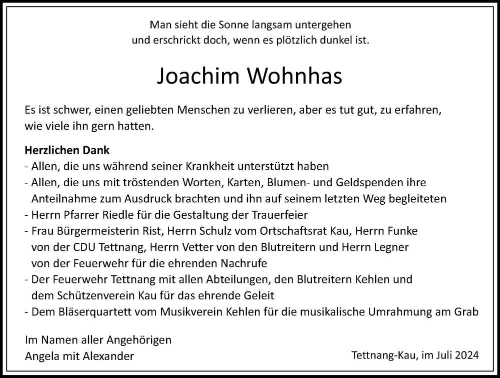  Traueranzeige für Joachim Wohnhas vom 30.07.2024 aus Tettnang