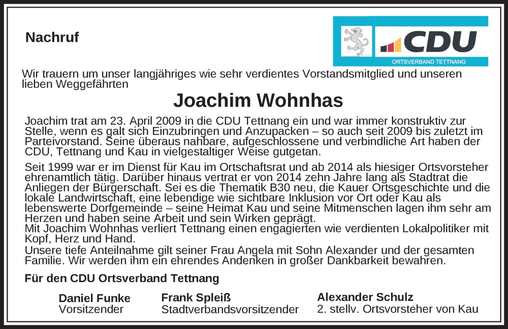  Traueranzeige für Joachim Wohnhas vom 16.07.2024 aus Tettnang