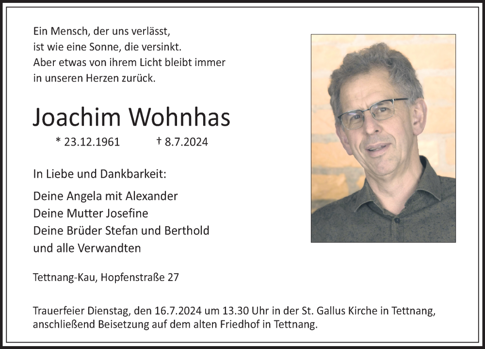  Traueranzeige für Joachim Wohnhas vom 12.07.2024 aus Tettnang