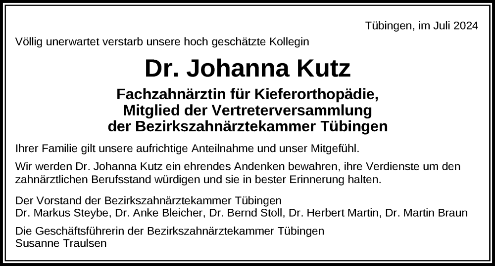  Traueranzeige für Johanna Kutz vom 09.07.2024 aus Ravensburg